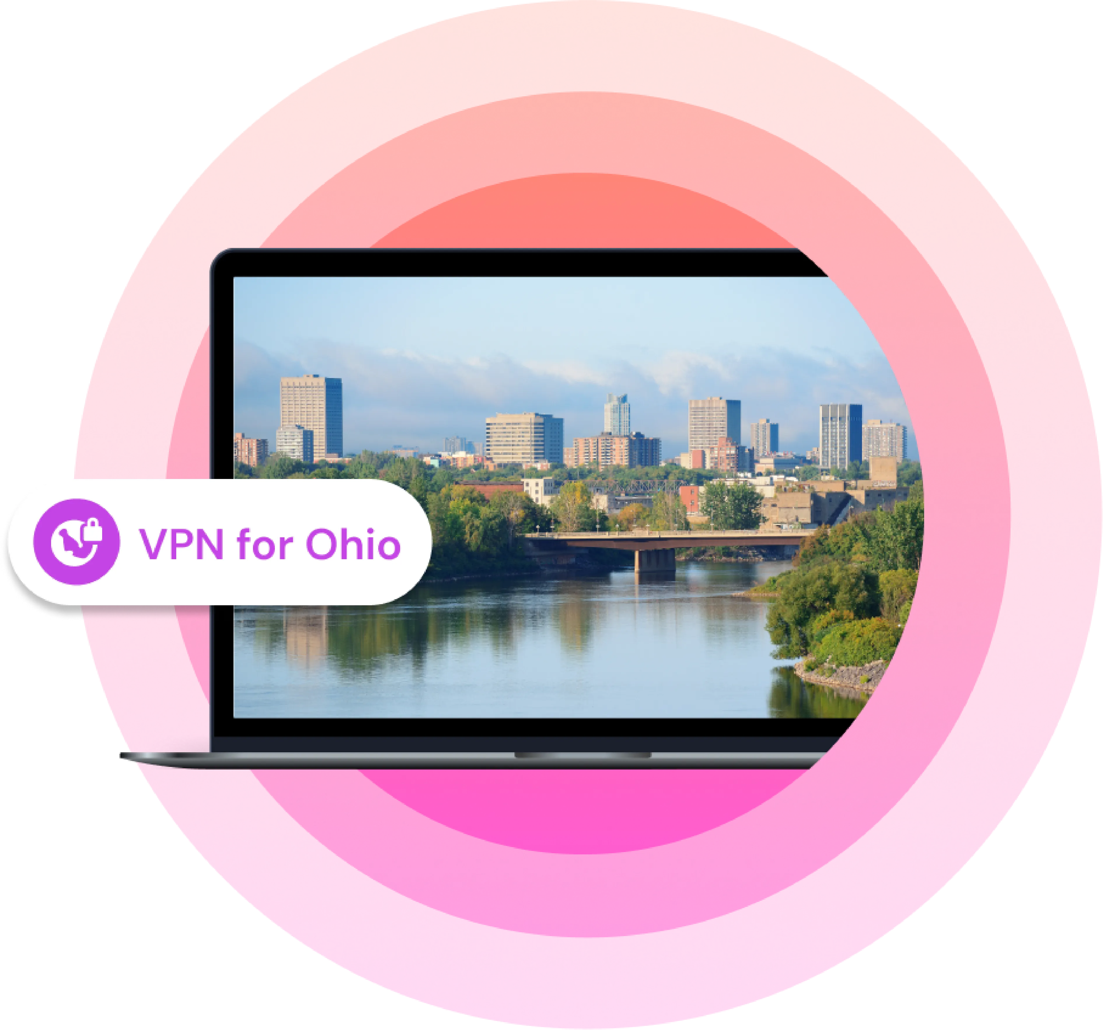 Laptop with an image of a city in Ohio during sunset